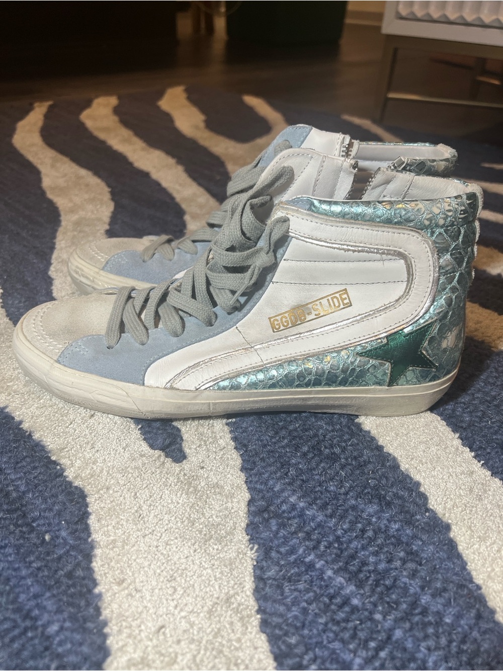 Golden Goose Slide High-Top Sneakers in Teal, White & Light Gray